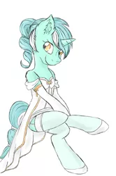 Size: 1272x1920 | Tagged: safe, artist:melodis, derpibooru import, lyra heartstrings, pony, unicorn, alternate hairstyle, clothes, crossed legs, cute, dress, ear fluff, female, gloves, mare, simple background, sitting, smiling, solo, white background