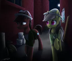 Size: 2600x2200 | Tagged: safe, artist:doekitty, derpibooru import, daring do, oc, oc:phillip finder, pony, fanfic, fanfic:ponyville noire, alleyway, building, clothes, colored pupils, commission, duo, fanfic art, female, hat, jacket, male, mare, moon, night, phiring, stallion, trilby