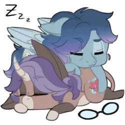 Size: 500x500 | Tagged: safe, artist:curiouskeys, derpibooru import, oc, oc:curious keys, oc:vertical lift, unofficial characters only, hinny, pegasus, pony, unicorn, chibi, glasses, hoof sucking, simple background, sleeping, transparent background, zzz