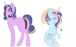 Size: 2700x1700 | Tagged: safe, artist:mah521, derpibooru import, oc, unofficial characters only, alicorn, pony, unicorn, female, half-siblings, magical lesbian spawn, mare, offspring, parent:princess cadance, parent:trixie, parent:twilight sparkle, parents:tridance, parents:twidance, simple background, sitting, white background