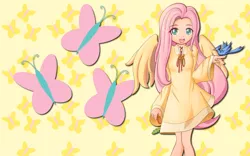 Size: 2560x1600 | Tagged: artist:alicehumansacrifice0, artist:angriestangryartist, artist:ooklah, clothes, cutie mark, cutie mark background, derpibooru import, dress, edit, fluttershy, human, humanized, safe, solo, wallpaper, wallpaper edit