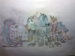 Size: 2048x1536 | Tagged: safe, artist:tails-zet, derpibooru import, princess cadance, princess celestia, princess luna, alicorn, pony, building, city, giantess, giantlestia, macro, signature, traditional art