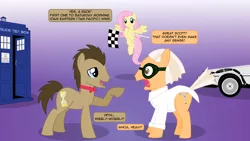 Size: 1920x1080 | Tagged: safe, artist:mandydax, derpibooru import, edit, doctor whooves, fluttershy, time turner, ponified, pony, back to the future, bowtie, checkered flag, crossover, delorean, dialogue, doc brown, doctor who, glasses, inkscape, tardis, vector, wallpaper, wallpaper edit