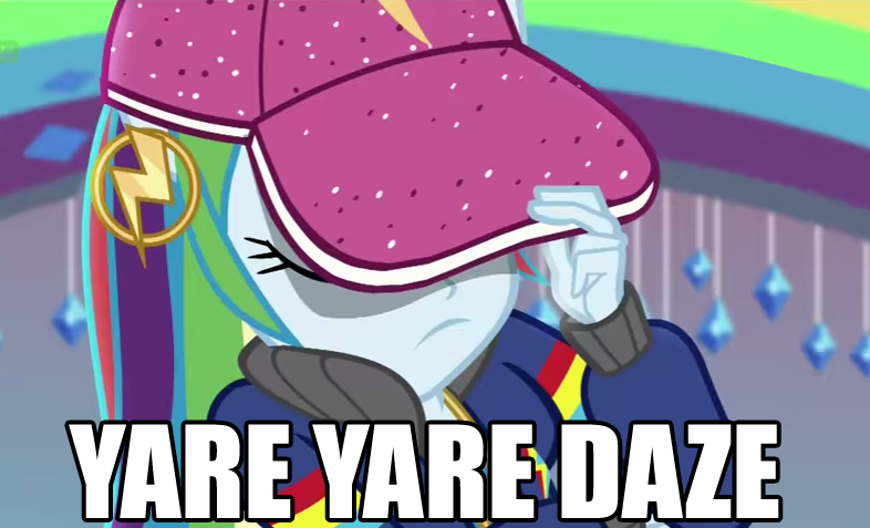 Size: 786x477 | Tagged: safe, derpibooru import, edit, edited screencap, screencap, rainbow dash, dance magic, equestria girls, spoiler:eqg specials, eyes closed, hat, hip hop, image macro, jojo's bizarre adventure, jotaro kujo, meme, outfit, rapper dash, solo, yare yare daze