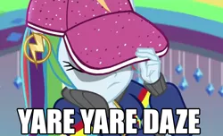 Size: 786x477 | Tagged: safe, derpibooru import, edit, edited screencap, screencap, rainbow dash, dance magic, equestria girls, spoiler:eqg specials, eyes closed, hat, hip hop, image macro, jojo's bizarre adventure, jotaro kujo, meme, outfit, rapper dash, solo, yare yare daze