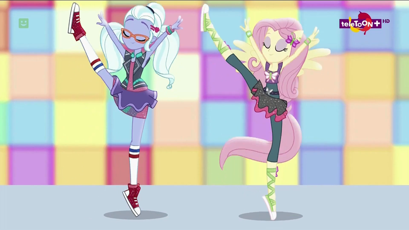 Size: 1920x1080 | Tagged: safe, derpibooru import, screencap, fluttershy, sugarcoat, dance magic, equestria girls, spoiler:eqg specials, ballet slippers, clothes, converse, cute, dancing, duo, eyes closed, female, flexible, glasses, ponied up, pony ears, pose, shoes, skirt, sneakers, socks, teletoon, wings