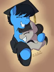 Size: 1280x1708 | Tagged: safe, artist:goat train, deleted from derpibooru, derpibooru import, octavia melody, oc, oc:strumbeat strings, pony, clothes, commission, eyes closed, female, graduation cap, hug, male, mare, smiling, stallion