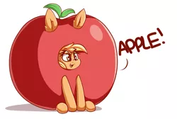 Size: 1280x858 | Tagged: safe, artist:graphene, derpibooru import, applejack, earth pony, pony, apple, applejack becoming an apple, clothes, costume, female, food, food transformation, impossibly large ears, mare, silly, silly pony, simple background, solo, that pony sure does love apples, transformation, white background, who's a silly pony