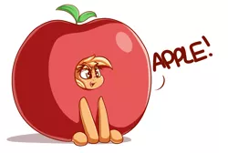 Size: 2320x1555 | Tagged: safe, artist:graphene, derpibooru import, applejack, earth pony, pony, apple, applejack becoming an apple, clothes, costume, cute, dialogue, eye clipping through hair, female, food, food transformation, jackabetes, mare, silly, silly pony, simple background, solo, that pony sure does love apples, transformation, white background, who's a silly pony