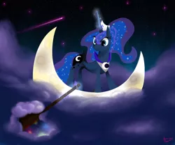 Size: 3000x2500 | Tagged: safe, artist:angiepeggy2114, derpibooru import, princess luna, pony, cloud, macro, magic, moon, oar, pony bigger than a planet, shooting star, solo, stars, tangible heavenly object, telekinesis