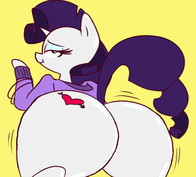 Size: 774x700 | Tagged: suggestive, artist:peanutbutter, derpibooru import, edit, rarity, pony, ass too big for pants, bipedal, bottomless, butt, buttcrack, chav, clothes, female, huge butt, impossibly large butt, large butt, looking back, mare, missing cutie mark, nude edit, nudity, plot, rarislut, rearity, shiny, simple background, solo, solo female, tattoo, the ass was fat, tramp stamp, twerking, yellow background