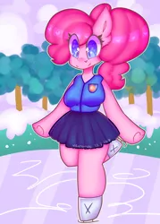 Size: 2500x3500 | Tagged: safe, artist:bunxl, derpibooru import, pinkie pie, anthro, earth pony, arm hooves, beautiful, clothes, cute, diapinkes, ice skates, ice skating, moe, skirt, snow, solo, winter wrap up vest