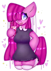 Size: 2500x3500 | Tagged: safe, artist:bunxl, derpibooru import, pinkie pie, anthro, earth pony, arm hooves, clothes, dress, drink, pinkamena diane pie, raspberry, simple background, soda, solo, tongue out, transparent background