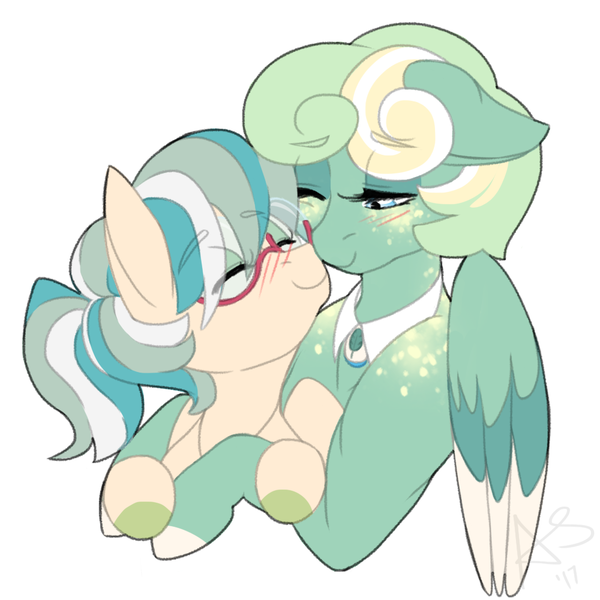 Size: 1000x1000 | Tagged: safe, artist:curiouskeys, derpibooru import, oc, oc:gusty petals, oc:sweet mint, unofficial characters only, pegasus, pony, blushing, boop, cute, duo, female, glasses, hug, jewelry, mare, mother and daughter, necklace, noseboop, ocbetes, ponytail, simple background, white background