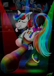 Size: 3000x4200 | Tagged: safe, artist:raptorpwn3, derpibooru import, vinyl scratch, oc, pony, absurd resolution, clothes, glow rings, image, male, oc focus, one eye closed, png, rainbow socks, rave, signature, socks, spotlight, strategically covered, striped socks, tongue out, wink