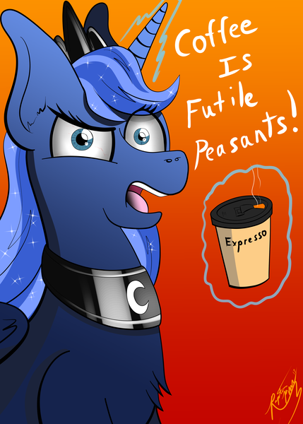 Size: 3000x4200 | Tagged: safe, artist:raptorpwn3, derpibooru import, princess luna, alicorn, pony, absurd resolution, coffee, cup, dialogue, espresso, female, looking at you, luna found the coffee, magic, mare, open mouth, signature, solo