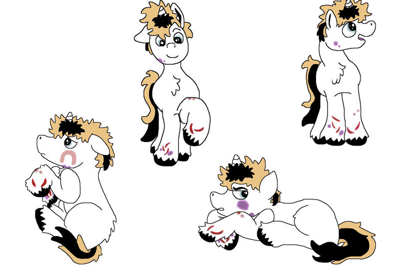 Size: 1024x680 | Tagged: semi-grimdark, artist:creativeblossom, derpibooru import, oc, oc:constantine, unofficial characters only, pony, abuse, bruised, colored, constantine, cut, cute, cutie, digital, fluffy, grumpy, jezebel universe, male, reference sheet, scared, simple background, small, smolpone, solo, stallion, white background, young