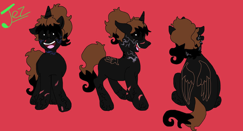 Size: 1217x657 | Tagged: safe, artist:creativeblossom, derpibooru import, oc, oc:jez, oc:jezebel, unofficial characters only, demon, demon pony, pony, unicorn, alter ego, black sclera, colored, cut, digital, female, grin, jezebel universe, mare, red background, reference sheet, scar, simple background, smiling, solo, tattoo, vein