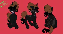 Size: 1217x657 | Tagged: safe, artist:creativeblossom, derpibooru import, oc, oc:jez, oc:jezebel, unofficial characters only, demon, demon pony, pony, unicorn, alter ego, black sclera, colored, cut, digital, female, grin, jezebel universe, mare, red background, reference sheet, scar, simple background, smiling, solo, tattoo, vein