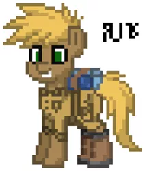 Size: 450x530 | Tagged: safe, artist:radical user 76, derpibooru import, ponified, pony, pony town, blonde hair, boots, camping outfit, cargo shirt, cargo shorts, exploitable meme, green eyes, meme, pixel art, rucksack, simple background, sleeping bag, solo, steve irwhinny, white background