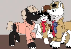 Size: 1024x710 | Tagged: safe, artist:creative-blossom, derpibooru import, oc, oc:constantine, oc:jezebel, unofficial characters only, pony, unicorn, birthday, clothes, colored, constantine, digital, dressed, family, female, happy, hellblazer, jezebel universe, john constantine, male, mare, stallion, standing