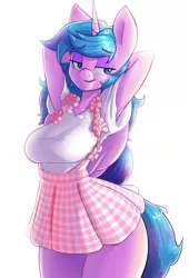 Size: 1760x2593 | Tagged: alicorn, alicorn oc, anthro, anthro oc, arm behind head, armpits, artist:oughta, beautiful, bow, breasts, clothes, cute, derpibooru import, female, lidded eyes, mare, miniskirt, oc, oc:artshine, simple background, skirt, skirt lift, smiling, solo, suggestive, suspenders, thighs, unofficial characters only, white background