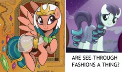 Size: 1435x846 | Tagged: safe, derpibooru import, edit, edited screencap, screencap, coloratura, somnambula, earth pony, pegasus, pony, legends of magic, the mane attraction, spoiler:comic, spoiler:comiclom5, flying, plot, see-through, smiling, spread wings, wings