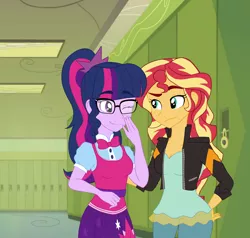 Size: 4848x4624 | Tagged: safe, artist:maddymoiselle, derpibooru import, sci-twi, sunset shimmer, twilight sparkle, equestria girls, absurd resolution, bowtie, clothes, duo, female, glasses, hallway, hand on butt, jacket, leather jacket, lesbian, lockers, one eye closed, ponytail, scitwishimmer, shipping, skirt, smiling, sunsetsparkle