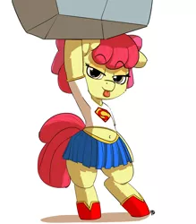 Size: 1280x1461 | Tagged: safe, artist:pabbley, derpibooru import, apple bloom, tom, pony, :p, adorabloom, belly button, bipedal, boots, clothes, costume, cute, lidded eyes, midriff, miniskirt, rock, simple background, skirt, solo, super strength, superfilly, superman, tongue out, white background