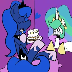 Size: 2400x2400 | Tagged: safe, artist:pembroke, derpibooru import, princess celestia, princess luna, alicorn, pony, cake, cakelestia, celestia is not amused, duo, eating, eyes closed, food, fork, open mouth, royal sisters, sitting, stickluna, thiklestia, this will end in pain, this will end in tears and/or a journey to the moon