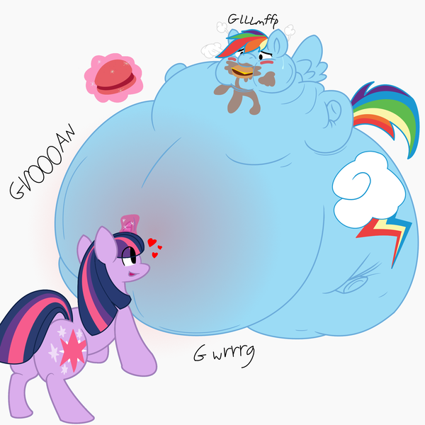 Size: 2048x2048 | Tagged: questionable, artist:radioraveriot, derpibooru import, edit, rainbow dash, twilight sparkle, pony, belly, bingo wings, blushing, burger, cheeseburger, chubby cheeks, colored, double chin, fat, feeding, female, food, force feeding, glowing horn, hamburger, heart, huge butt, immobile, impossibly large belly, impossibly large butt, impossibly large everything, large butt, lesbian, magic, messy eating, morbidly obese, obese, ponies eating meat, rainblob dash, shipping, simple background, spread wings, stomach noise, stretched cutie mark, stuffing, telekinesis, twidash, weight gain, white background, wings