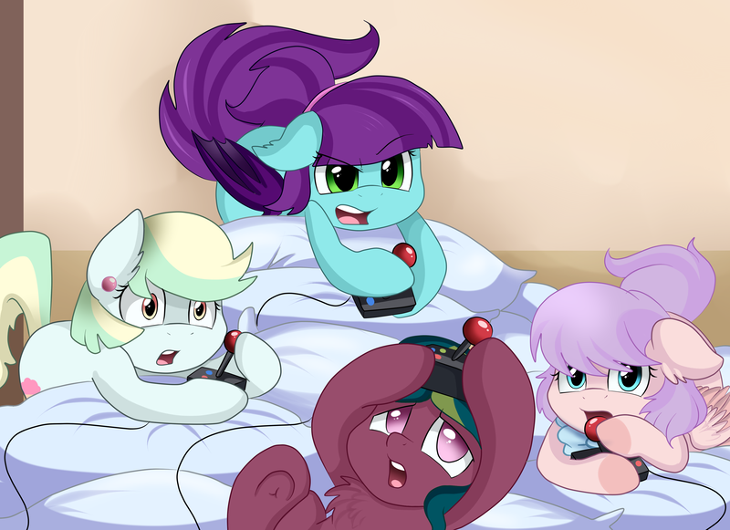 Size: 3509x2550 | Tagged: safe, artist:pridark, derpibooru import, oc, unofficial characters only, bat pony, earth pony, pegasus, pony, :o, chest fluff, commission, controller, cute, ear fluff, fake horn, female, floppy ears, frown, glare, group, joystick, leaning, lidded eyes, mare, ocbetes, on back, open mouth, pillow, prone, underhoof, video game, wide eyes