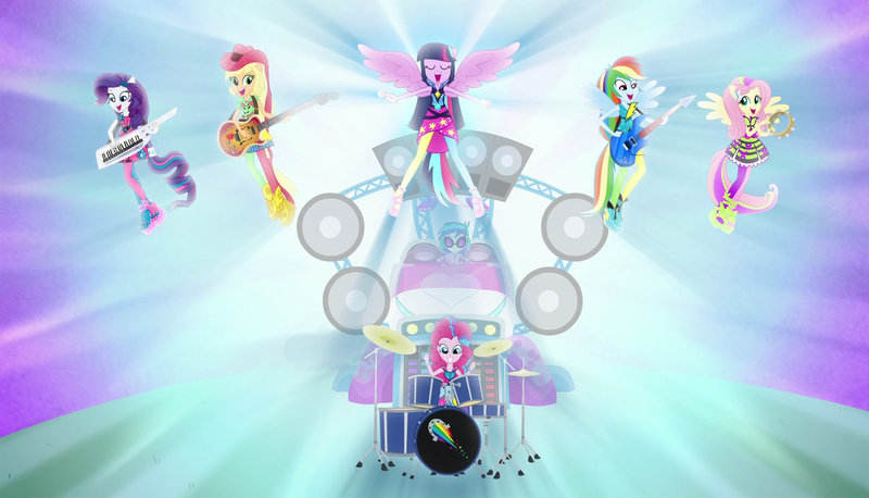 Size: 1904x1090 | Tagged: safe, derpibooru import, screencap, applejack, fluttershy, pinkie pie, rainbow dash, rarity, twilight sparkle, vinyl scratch, equestria girls, rainbow rocks, bass guitar, drums, electric guitar, guitar, humane five, humane six, keytar, microphone, musical instrument, ponied up, rainbow rocks outfit, tambourine, wallpaper