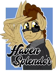 Size: 1306x1750 | Tagged: safe, artist:wcnimbus, derpibooru import, oc, oc:haven splendor, unofficial characters only, pegasus, pony, badge, clothes, con badge, everfree northwest, facial hair, jacket, male, salute, simple background, smiling, solo, stallion, sunglasses, sweater, text, turtleneck, wing gesture, wing hands, wings