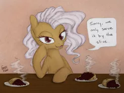 Size: 1250x938 | Tagged: artist:gracewolf, derpibooru import, dialogue, dish, female, food, food pony, lidded eyes, looking at you, mare, oc, oc:fresh slice, original species, pie, pie pony, safe, smiling, solo, steam, unofficial characters only