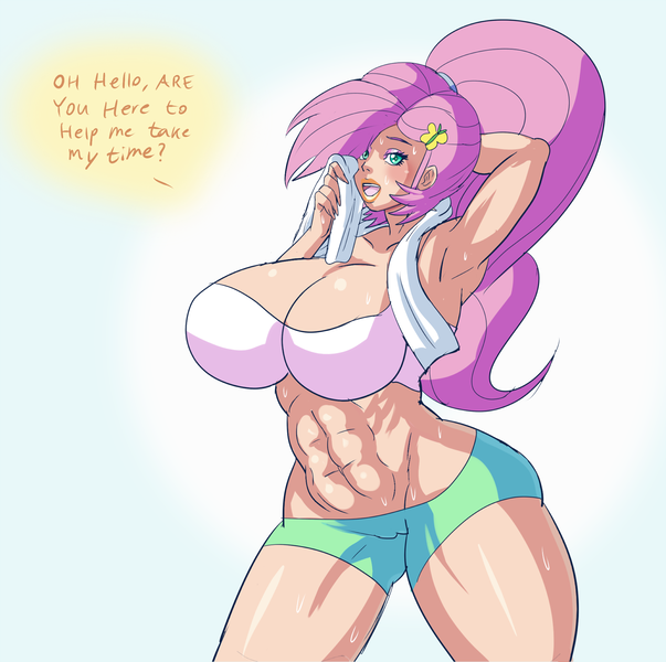 Size: 1609x1600 | Tagged: questionable, artist:annon, derpibooru import, fluttershy, human, equestria girls, abs, armpits, big breasts, bimbo, bimboshy, breasts, busty fluttershy, cameltoe, cleavage, female, human coloration, humanized, image, looking at you, midriff, muscles, muscleshy, png, solo, solo female, sweat, towel