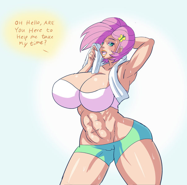 Size: 1600x1590 | Tagged: questionable, artist:annon, derpibooru import, fluttershy, human, equestria girls, abs, alternate hairstyle, armpits, big breasts, bimbo, bimboshy, breasts, busty fluttershy, cameltoe, cleavage, female, human coloration, humanized, image, looking at you, midriff, muscles, muscleshy, png, short hair, solo, solo female, sweat, towel