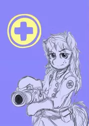 Size: 476x667 | Tagged: safe, artist:danteante, derpibooru import, oc, oc:nahuelina, unofficial characters only, pony, semi-anthro, unicorn, bipedal, blue background, clothes, female, freckles, gloves, looking at you, mare, medic, medigun, purple background, simple background, solo, team fortress 2, uniform