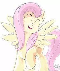 Size: 814x955 | Tagged: safe, artist:sea-maas, derpibooru import, fluttershy, pegasus, pony, filli vanilli, cute, female, happy, mare, shyabetes, simple background, smiling, solo, spread wings, wings