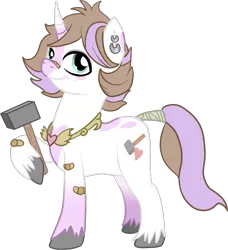 Size: 957x1048 | Tagged: safe, artist:schattenspielrex, derpibooru import, oc, oc:hearth smith, unofficial characters only, pony, unicorn, bandage, ear piercing, earring, hammer, hoof hold, jewelry, male, offspring, parent:diamond tiara, parent:pipsqueak, parents:piptiara, piercing, simple background, solo, stallion, tail wrap, transparent background