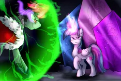 Size: 2977x2000 | Tagged: dead source, safe, artist:not-ordinary-pony, derpibooru import, king sombra, princess cadance, princess celestia, princess luna, twilight sparkle, twilight sparkle (alicorn), alicorn, pony, commission, confrontation, crystal, crystallized, female, force field, looking at each other, male, mare, royal sisters, smiling, sombra eyes, stallion