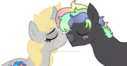 Size: 1024x537 | Tagged: safe, artist:the-doctor-kami, derpibooru import, oc, oc:kami, unofficial characters only, pony, blush sticker, blushing, female, male, oc x oc, shipping, simple background, straight, transparent background, watermark