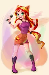 Size: 702x1080 | Tagged: safe, artist:the-park, derpibooru import, sunset shimmer, equestria girls, rainbow rocks, abstract background, armpits, beautiful, boots, breasts, clothes, cute, female, high heel boots, legs, looking at you, microphone, miniskirt, moe, ponied up, ponytail, shimmerbetes, skirt, sleeveless, solo, standing
