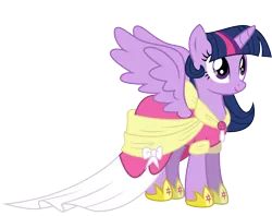 Size: 2850x2252 | Tagged: safe, artist:audiobeatzz, derpibooru import, twilight sparkle, twilight sparkle (alicorn), alicorn, pony, magical mystery cure, clothes, coronation dress, dress, female, high res, mare, simple background, solo, spread wings, transparent background, vector, wings