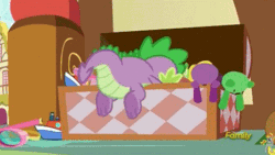 Size: 427x240 | Tagged: a flurry of emotions, animated, box, claws, derpibooru import, digging, dragon, edit, edited screencap, gif, male, safe, screencap, solo, spike, toy, toy box, underfoot