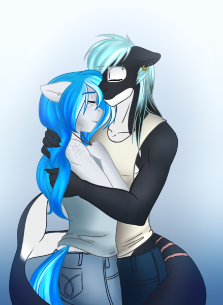 Size: 808x1104 | Tagged: safe, artist:blackblood-queen, derpibooru import, oc, oc:bubble lee, oc:imago, oc:mako, unofficial characters only, anthro, hybrid, orca pony, original species, unicorn, anthro oc, body freckles, clothes, couple, ear piercing, eyes closed, female, floppy ears, gradient background, hug, jewelry, makolee, male, mare, oc x oc, pendant, piercing, shipping, smiling, stallion, straight