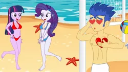 Size: 1280x720 | Tagged: suggestive, derpibooru import, flash sentry, rarity, twilight sparkle, equestria girls, belly button, bikini, breasts, clothes, exploitable meme, female, flashlight, male, meme, sentrity, shipping, straight, swimsuit, waifu thief, youtube link