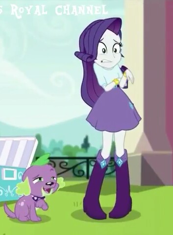 Size: 353x480 | Tagged: safe, derpibooru import, screencap, rarity, spike, spike the regular dog, dog, dance magic, equestria girls, spoiler:eqg specials, boots, bracelet, clothes, cropped, high heel boots, jewelry, lidded eyes, looking up, puppy, shocked, skirt