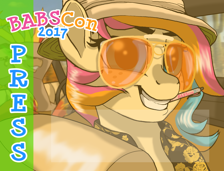 Size: 1275x975 | Tagged: safe, artist:lostinthetrees, derpibooru import, oc, oc:golden gates, unofficial characters only, pony, babscon, fear and loathing in las vegas, grin, hunter s. thompson, mouth hold, parody, pen, press badge, smiling