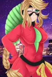 Size: 682x1000 | Tagged: applejack, artist:iblisart, breasts, city, clothes, costume, derpibooru import, female, human, humanized, looking at you, mistress marevelous, night, one eye closed, power ponies, safe, solo, wink